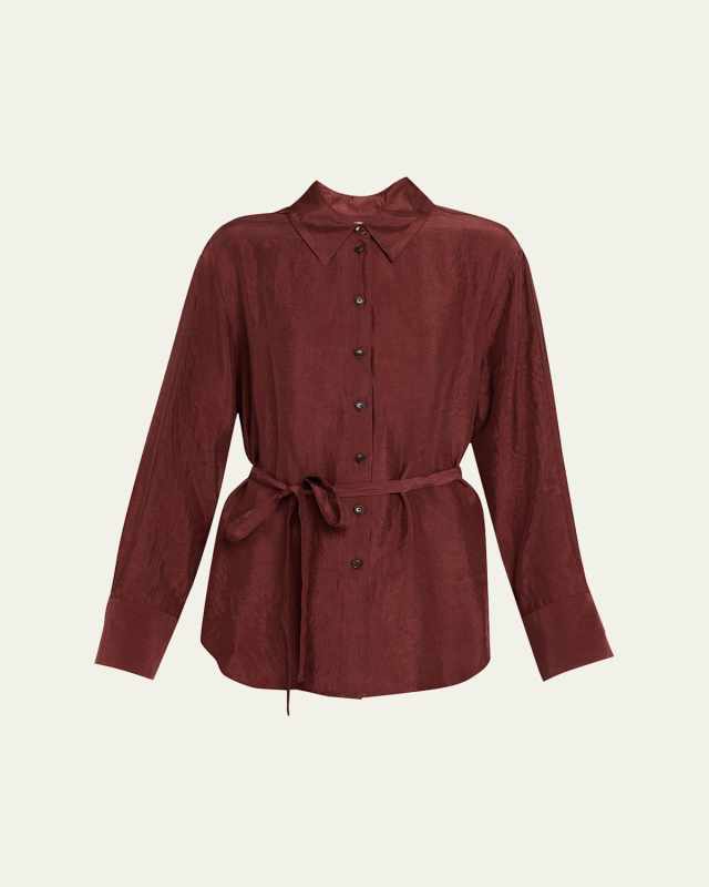 Belted Crinkled Silk Button-Down Shirt